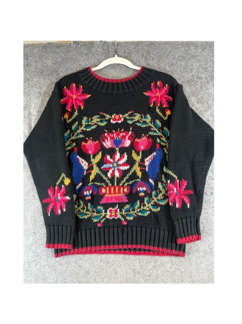 VTG 90s Folk Art Floral Knit Sweater Womens S Black Crewneck Grandma Cottagecore